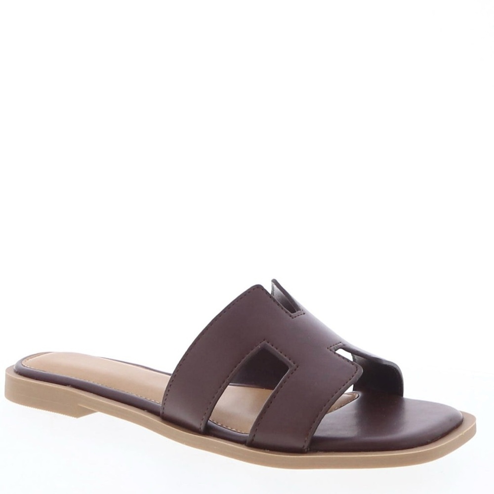 Women's Brown Slide Sandals - Casual Leather Look Slip-On
